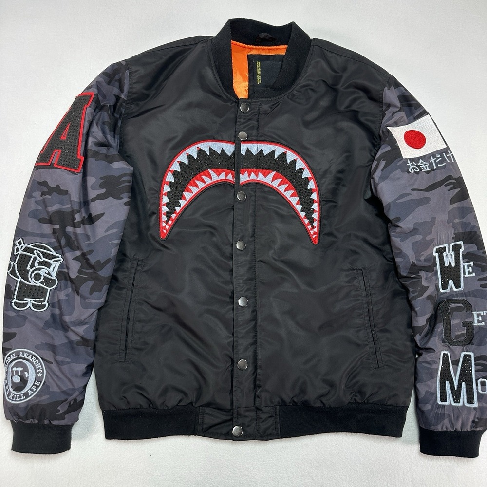 Bape Robert Phillipe Jacket Mens Large BlackCamo Sleeve Shark Varsity Bomber Ape